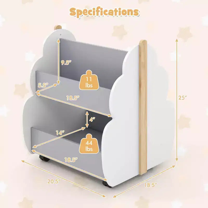 Costway Bibliothèque pour enfants en bois avec roulettes, étagère de rangement à jouets à 2 niveaux, bibliothèque double face, gris/naturel