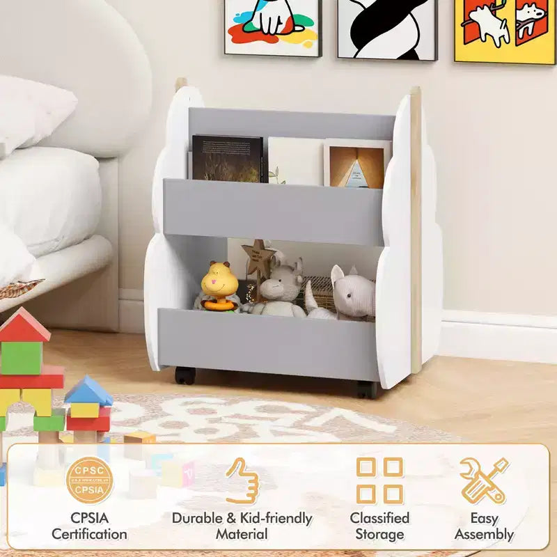 Costway Bibliothèque pour enfants en bois avec roulettes, étagère de rangement à jouets à 2 niveaux, bibliothèque double face, gris/naturel