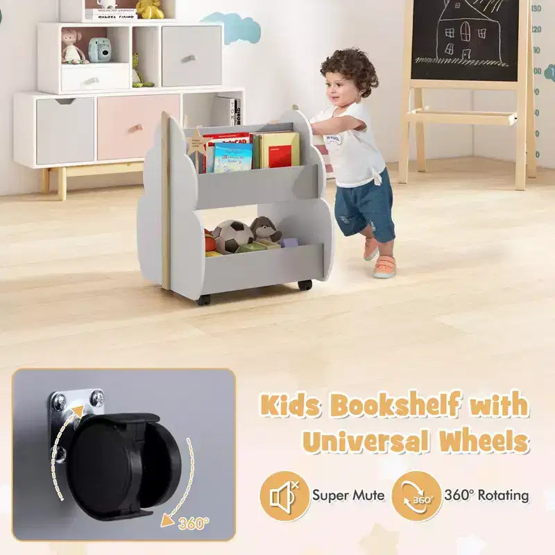Costway Bibliothèque pour enfants en bois avec roulettes, étagère de rangement à jouets à 2 niveaux, bibliothèque double face, gris/naturel
