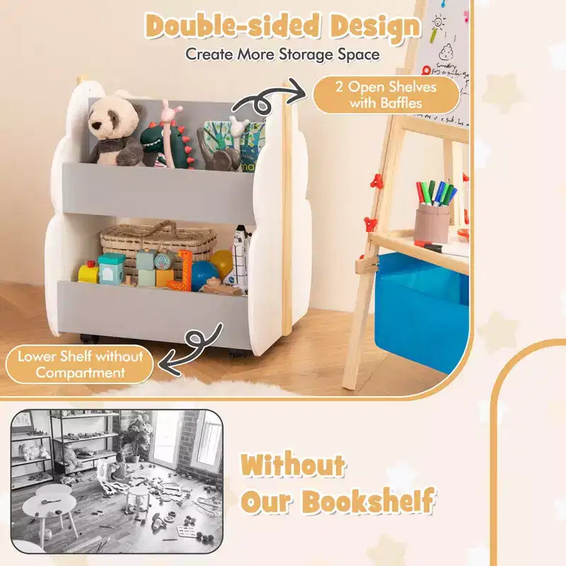 Costway Bibliothèque pour enfants en bois avec roulettes, étagère de rangement à jouets à 2 niveaux, bibliothèque double face, gris/naturel