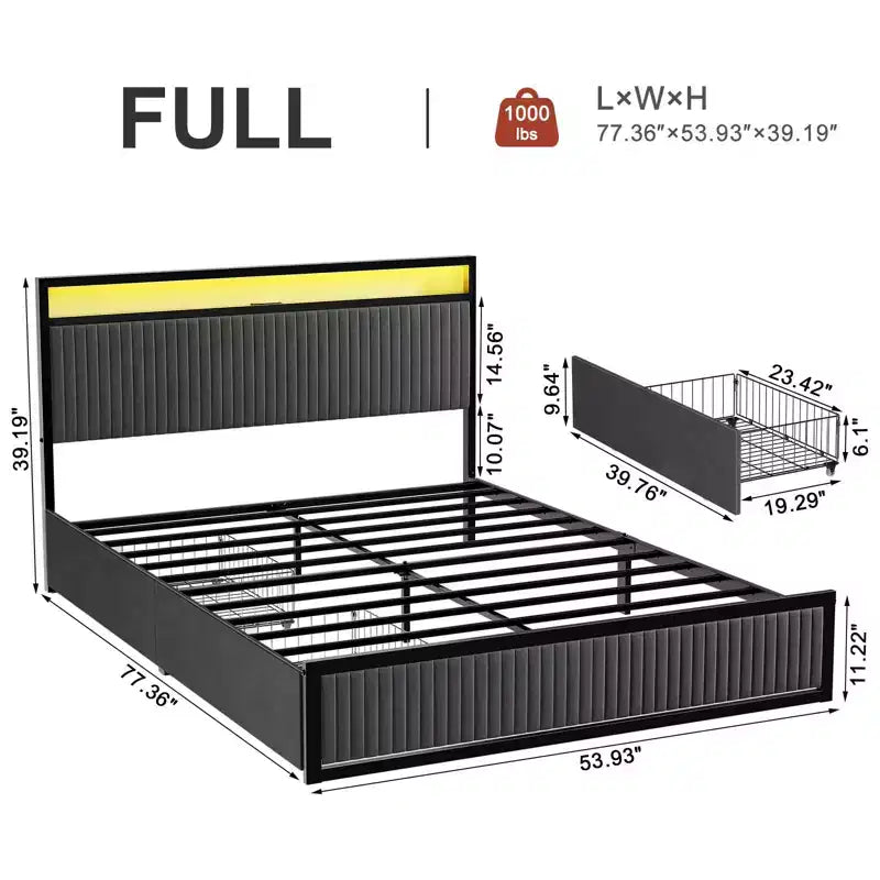 Hausource Upholstered Bed Frame with 2 Storage Drawers, LED Headboard, USB Ports, Dark Gray