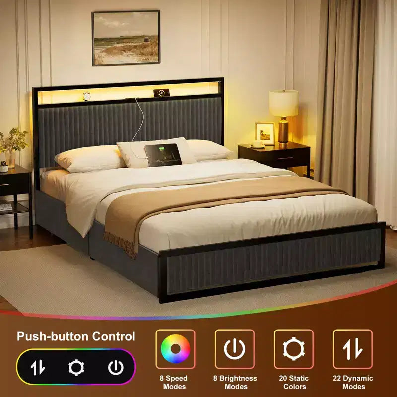 Hausource Upholstered Bed Frame with 2 Storage Drawers, LED Headboard, USB Ports, Dark Gray
