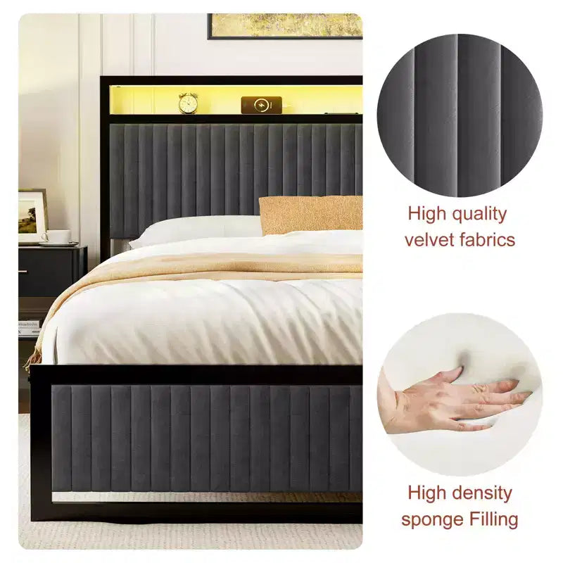Hausource Upholstered Bed Frame with 2 Storage Drawers, LED Headboard, USB Ports, Dark Gray