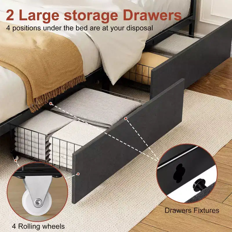 Hausource Upholstered Bed Frame with 2 Storage Drawers, LED Headboard, USB Ports, Dark Gray