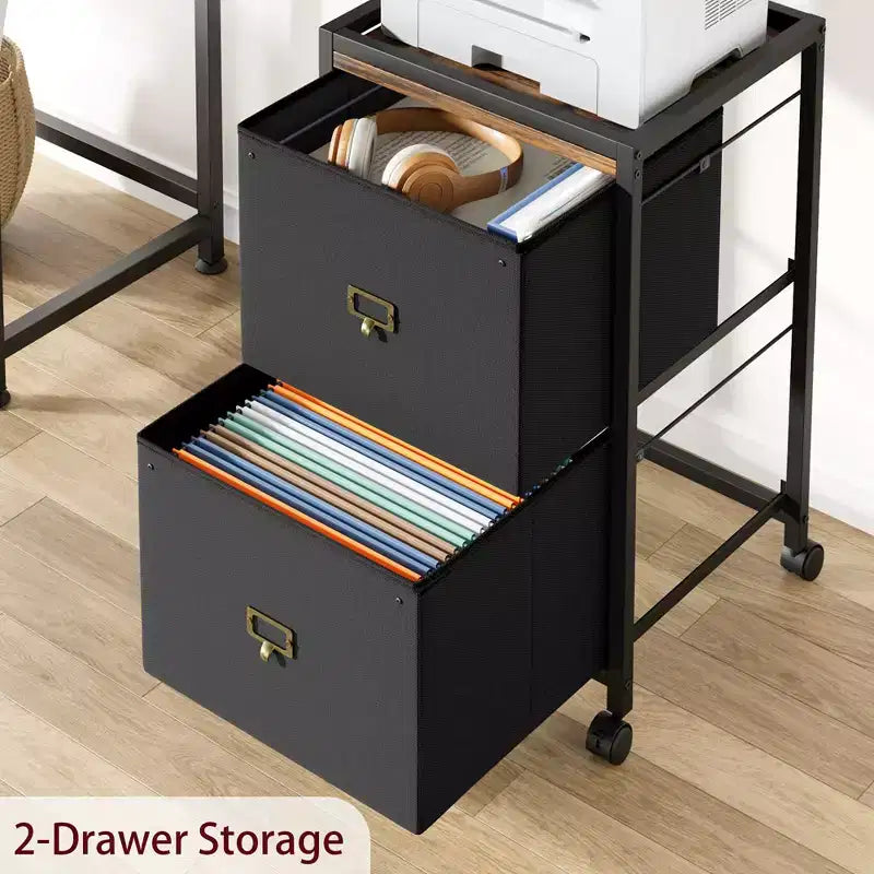 2 Drawer File Cabinet, Fabric Vertical File Cabinet with Wheels, Cabinet for Home Office Fits A4 or Letter Size, Small Under Desk Storage Cabinet