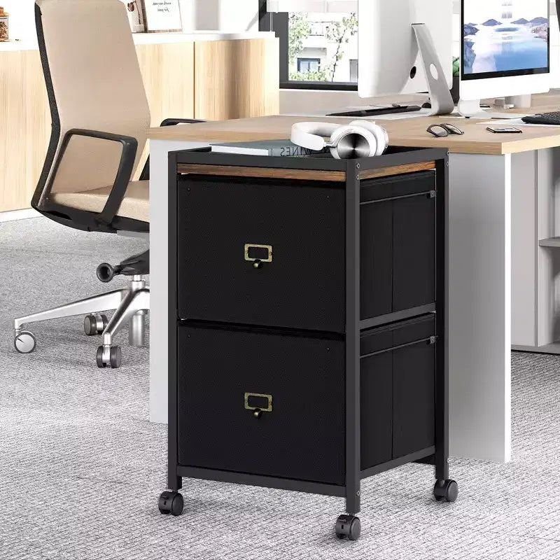 2 Drawer File Cabinet, Fabric Vertical File Cabinet with Wheels, Cabinet for Home Office Fits A4 or Letter Size, Small Under Desk Storage Cabinet