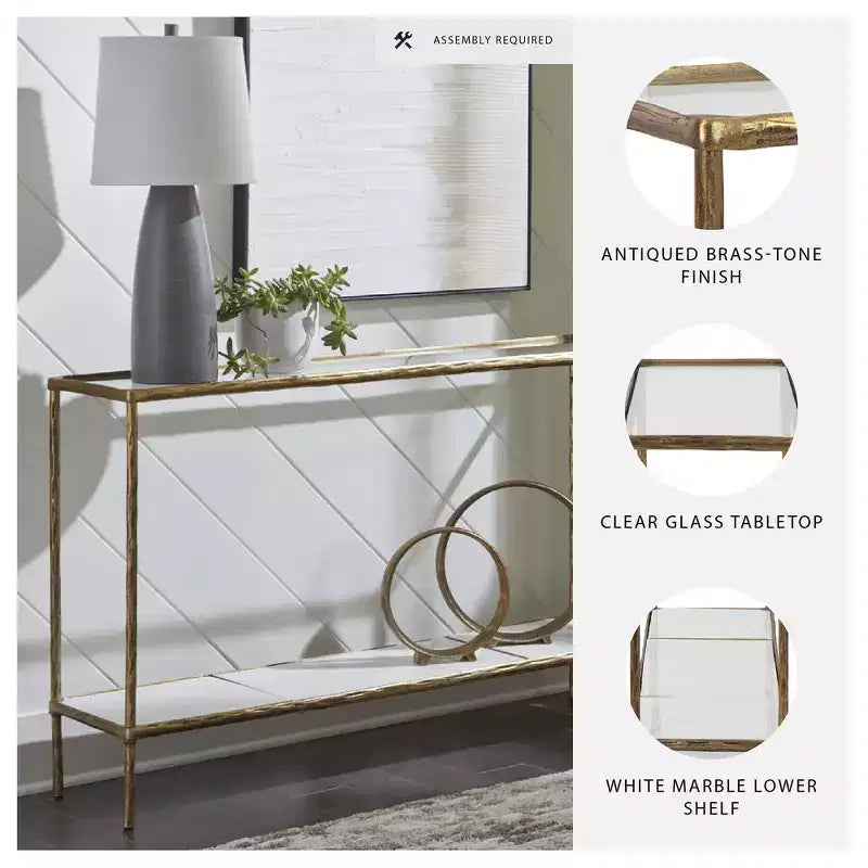 Signature Design by Ashley Ryandale Console Sofa Table, Antique Brass Finish with Glass Top & Marble Shelf