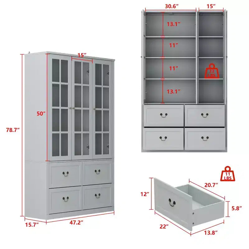 Famapy 47.2W Organizer Glass Doors Display Cabinet Organizer Pantry Gray