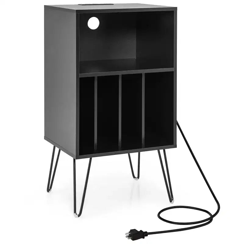 Costway 3-Tier Record Player Stand with Charging Station Shelf & 4 Dividers for Bedroom Walnut/Black/Brown