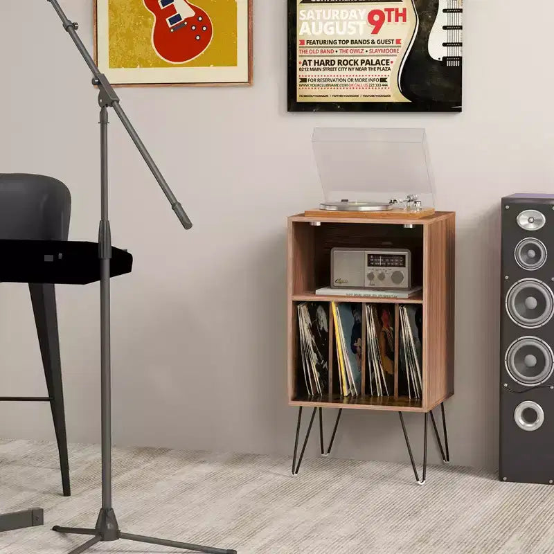 Costway 3-Tier Record Player Stand with Charging Station Shelf & 4 Dividers for Bedroom Walnut/Black/Brown
