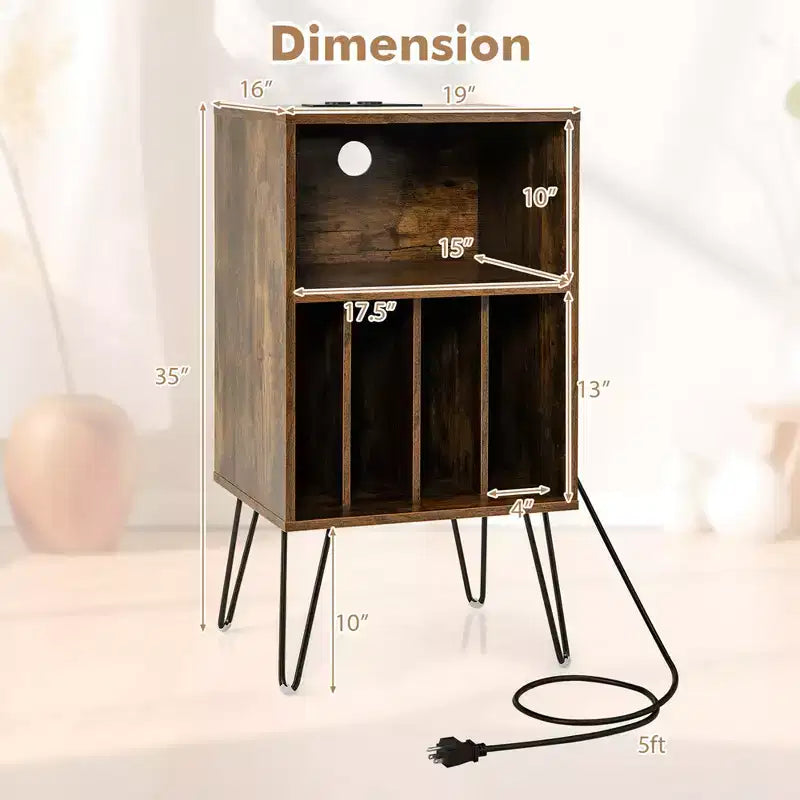 Costway 3-Tier Record Player Stand with Charging Station Shelf & 4 Dividers for Bedroom Walnut/Black/Brown