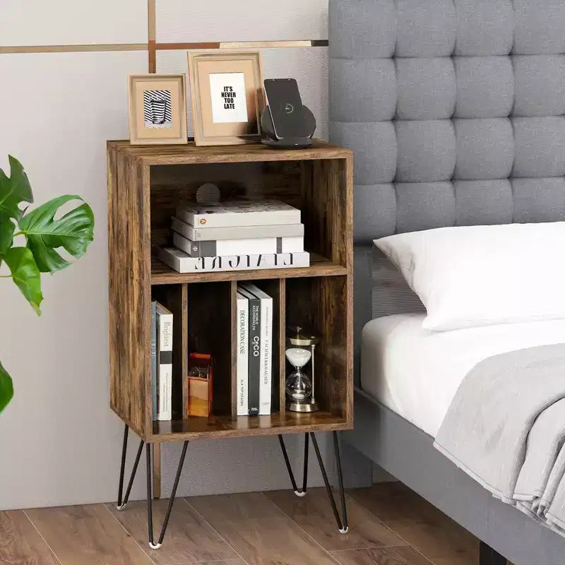 Costway 3-Tier Record Player Stand with Charging Station Shelf & 4 Dividers for Bedroom Walnut/Black/Brown