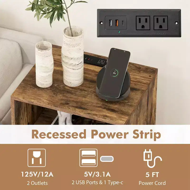 Costway 3-Tier Record Player Stand with Charging Station Shelf & 4 Dividers for Bedroom Walnut/Black/Brown