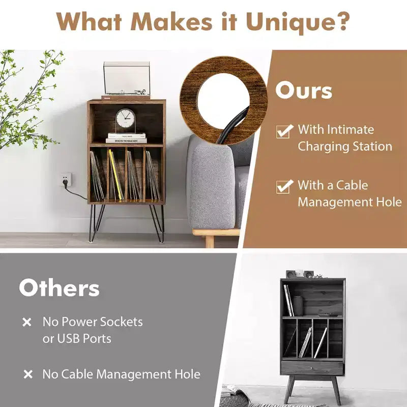 Costway 3-Tier Record Player Stand with Charging Station Shelf & 4 Dividers for Bedroom Walnut/Black/Brown