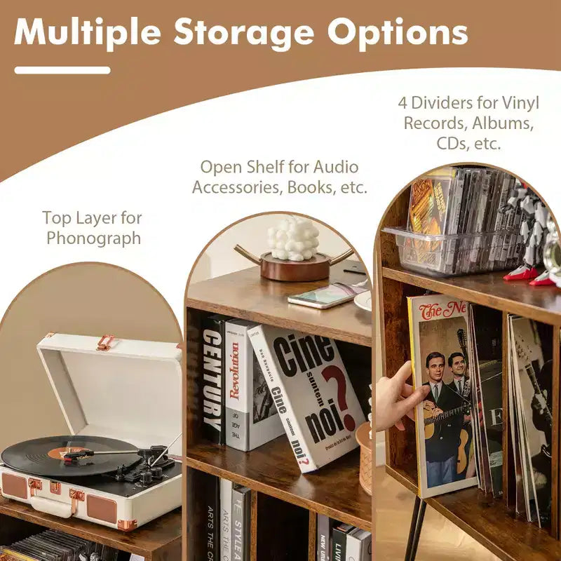 Costway 3-Tier Record Player Stand with Charging Station Shelf & 4 Dividers for Bedroom Walnut/Black/Brown