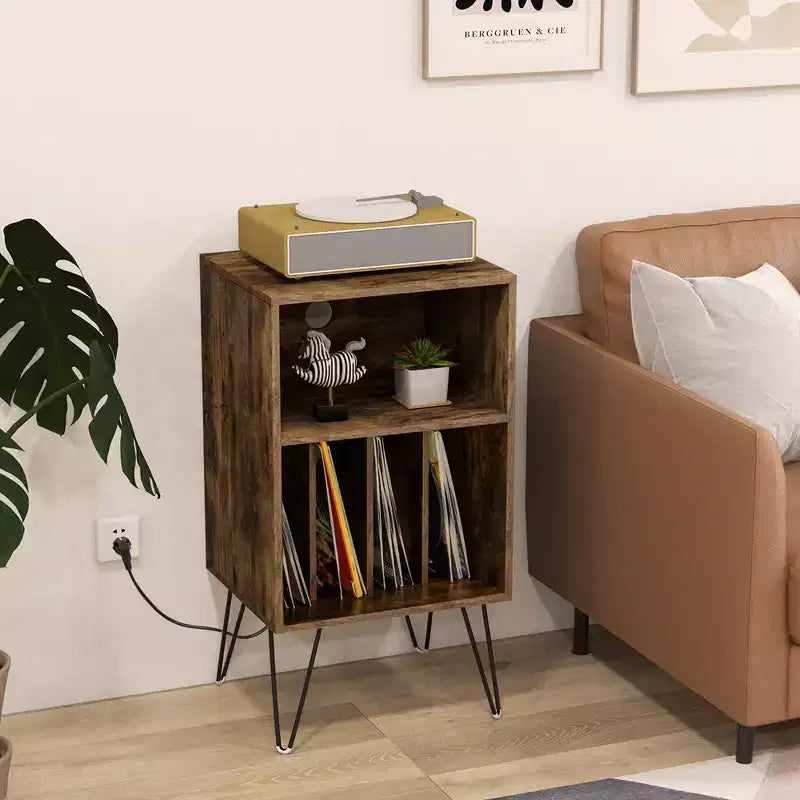 Costway 3-Tier Record Player Stand with Charging Station Shelf & 4 Dividers for Bedroom Walnut/Black/Brown