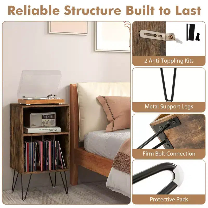 Costway 3-Tier Record Player Stand with Charging Station Shelf & 4 Dividers for Bedroom Walnut/Black/Brown