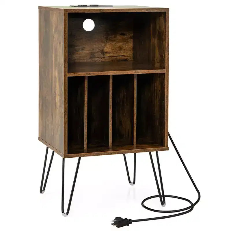Costway 3-Tier Record Player Stand with Charging Station Shelf & 4 Dividers for Bedroom Walnut/Black/Brown