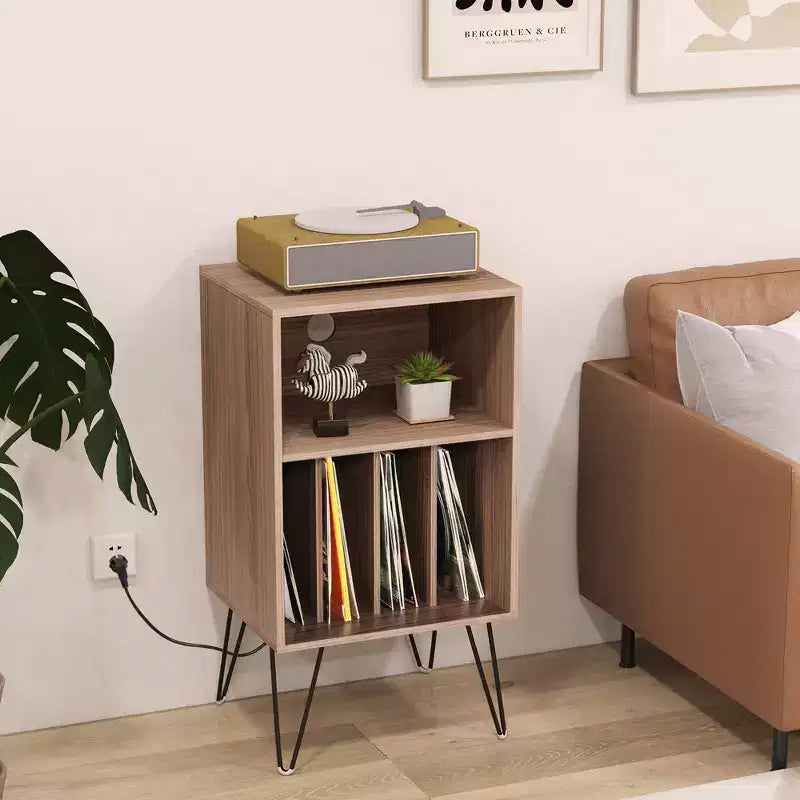 Costway 3-Tier Record Player Stand with Charging Station Shelf & 4 Dividers for Bedroom Walnut/Black/Brown