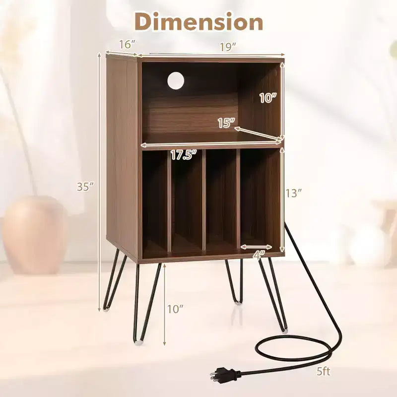 Costway 3-Tier Record Player Stand with Charging Station Shelf & 4 Dividers for Bedroom Walnut/Black/Brown
