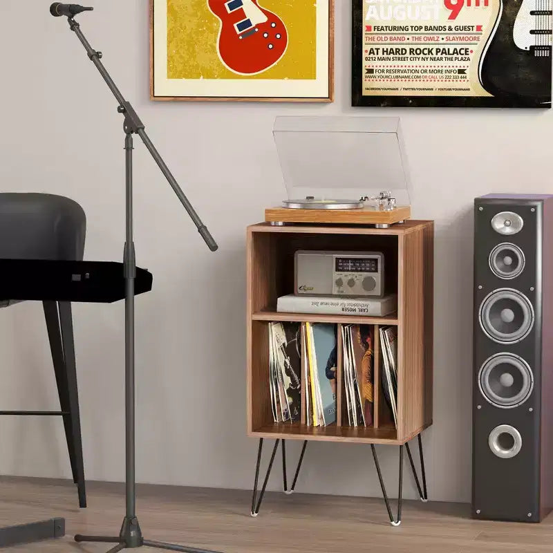 Costway 3-Tier Record Player Stand with Charging Station Shelf & 4 Dividers for Bedroom Walnut/Black/Brown