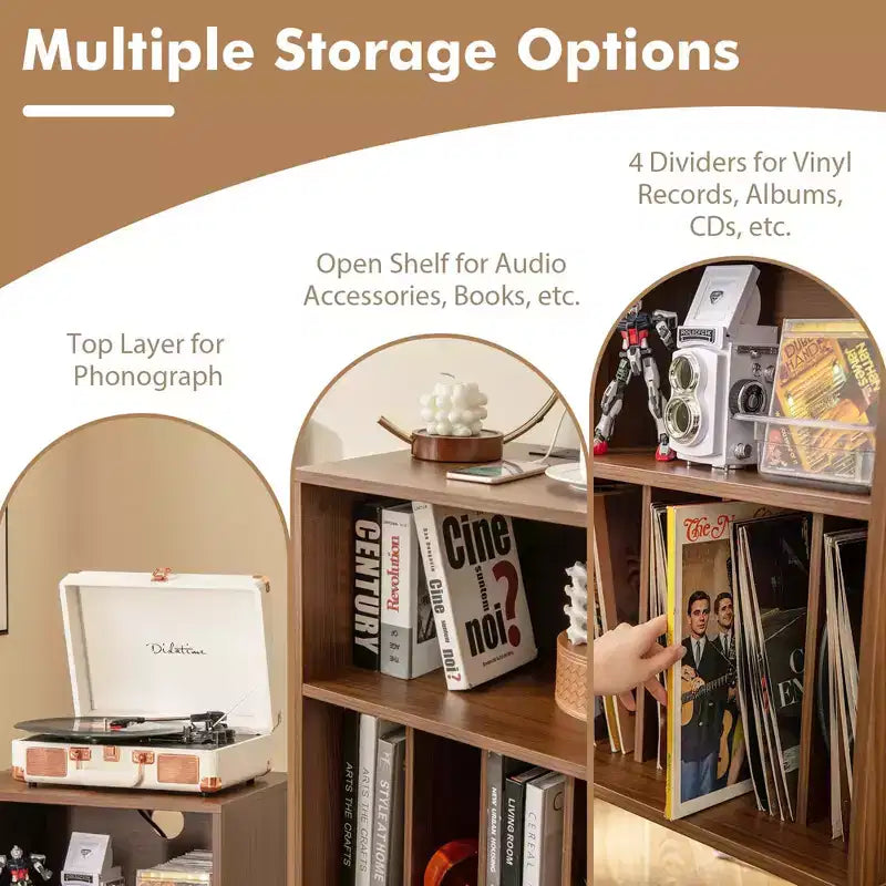 Costway 3-Tier Record Player Stand with Charging Station Shelf & 4 Dividers for Bedroom Walnut/Black/Brown