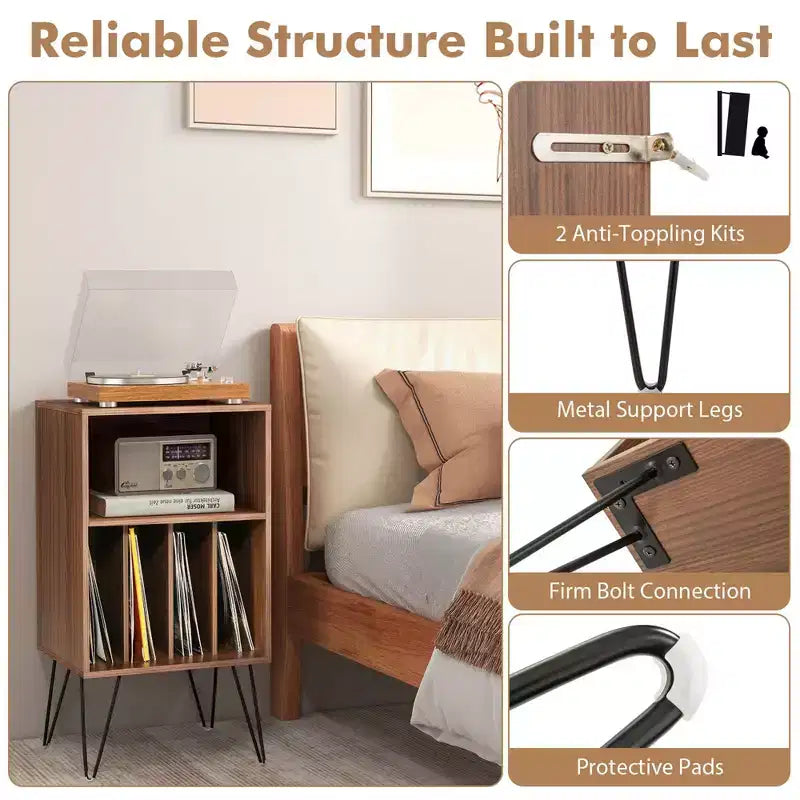 Costway 3-Tier Record Player Stand with Charging Station Shelf & 4 Dividers for Bedroom Walnut/Black/Brown