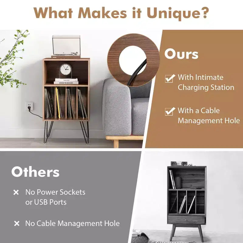 Costway 3-Tier Record Player Stand with Charging Station Shelf & 4 Dividers for Bedroom Walnut/Black/Brown