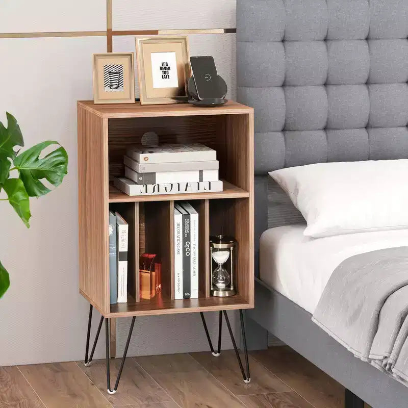 Costway 3-Tier Record Player Stand with Charging Station Shelf & 4 Dividers for Bedroom Walnut/Black/Brown