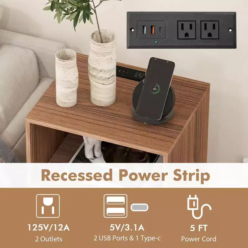Costway 3-Tier Record Player Stand with Charging Station Shelf & 4 Dividers for Bedroom Walnut/Black/Brown