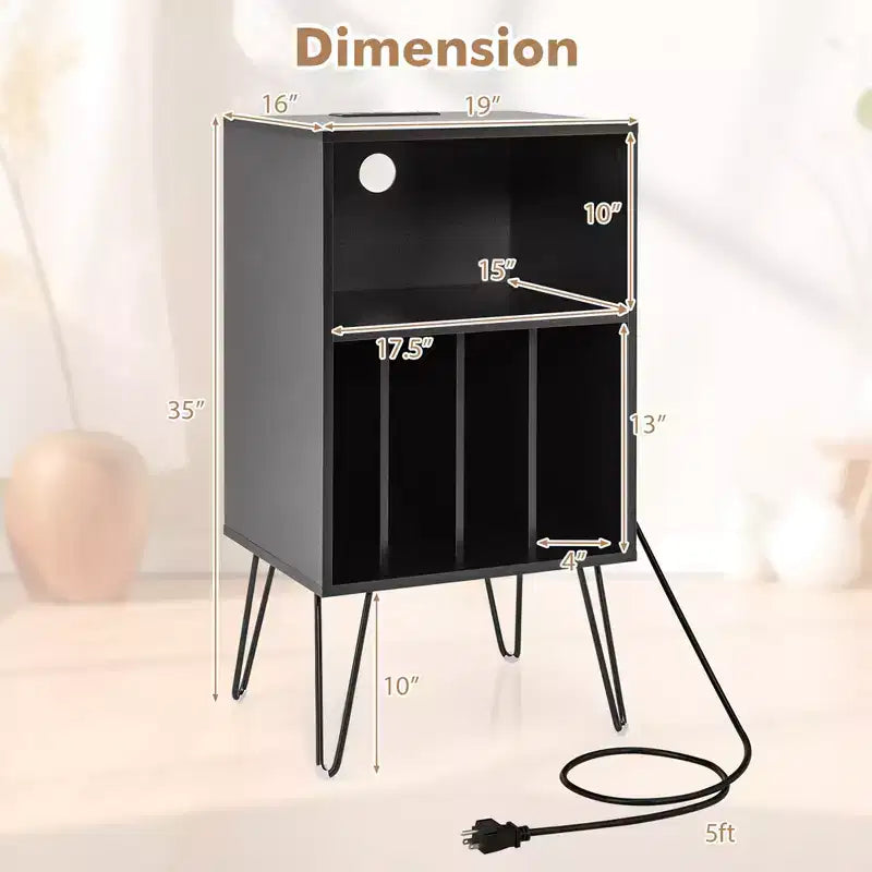 Costway 3-Tier Record Player Stand with Charging Station Shelf & 4 Dividers for Bedroom Walnut/Black/Brown