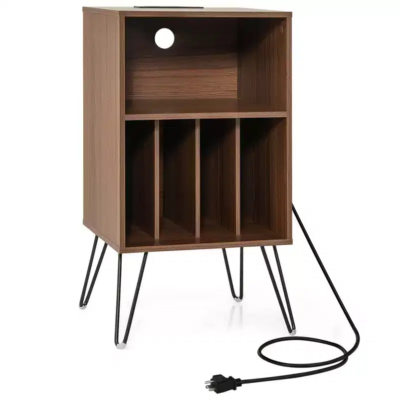 Costway 3-Tier Record Player Stand with Charging Station Shelf & 4 Dividers for Bedroom Walnut/Black/Brown