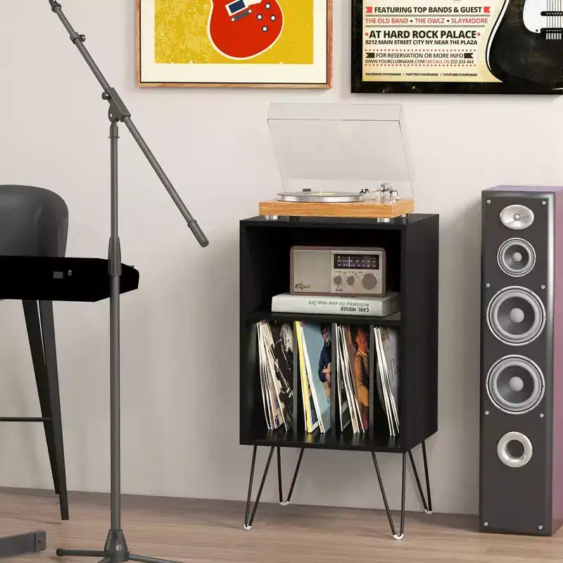 Costway 3-Tier Record Player Stand with Charging Station Shelf & 4 Dividers for Bedroom Walnut/Black/Brown