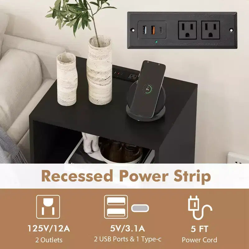 Costway 3-Tier Record Player Stand with Charging Station Shelf & 4 Dividers for Bedroom Walnut/Black/Brown