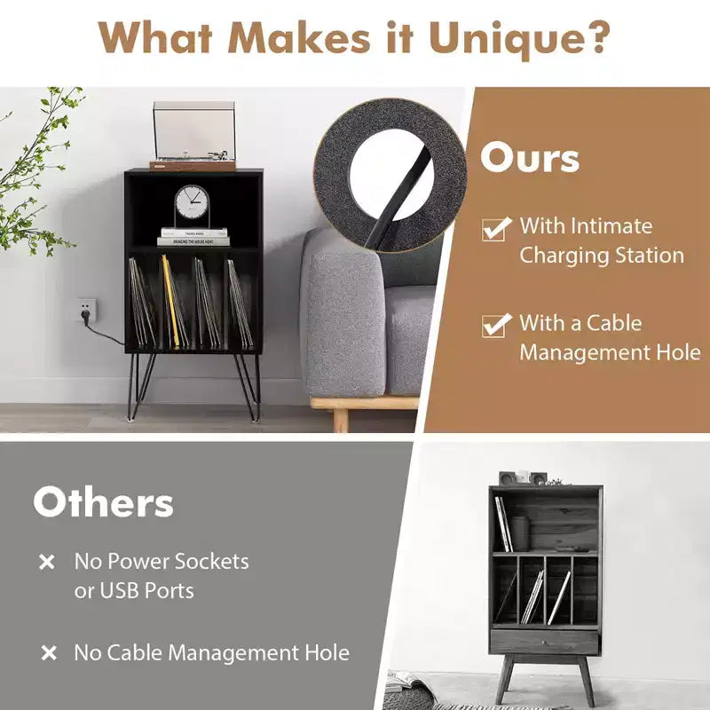 Costway 3-Tier Record Player Stand with Charging Station Shelf & 4 Dividers for Bedroom Walnut/Black/Brown