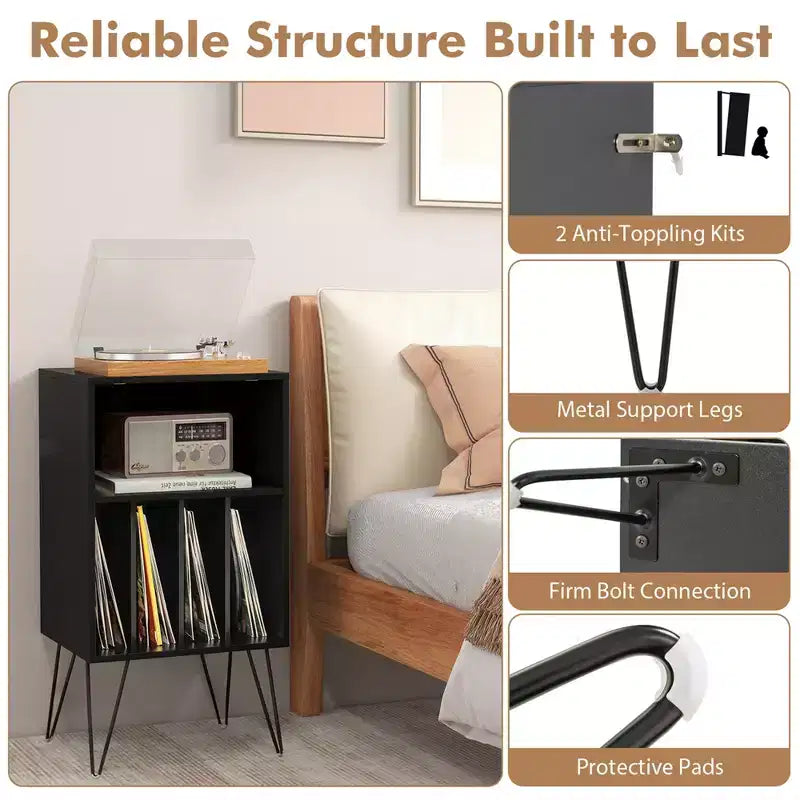 Costway 3-Tier Record Player Stand with Charging Station Shelf & 4 Dividers for Bedroom Walnut/Black/Brown