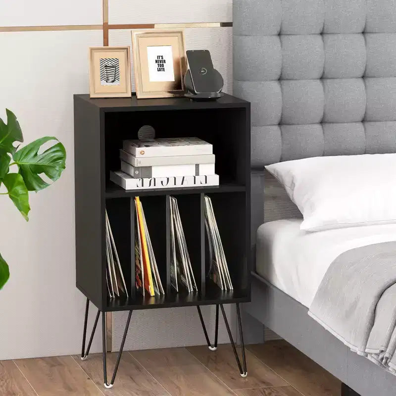 Costway 3-Tier Record Player Stand with Charging Station Shelf & 4 Dividers for Bedroom Walnut/Black/Brown