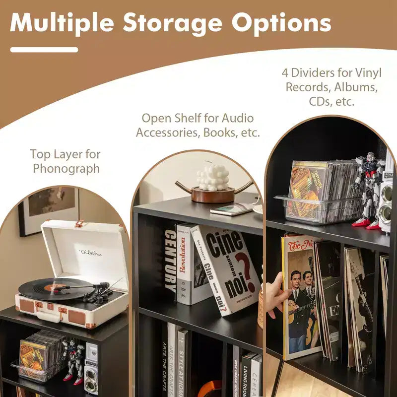 Costway 3-Tier Record Player Stand with Charging Station Shelf & 4 Dividers for Bedroom Walnut/Black/Brown