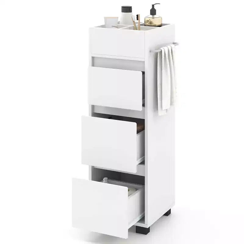 Costway Bathroom Floor Cabinet with 3 Drawers 4 Compartments 2-Side Available Towel Shelf White