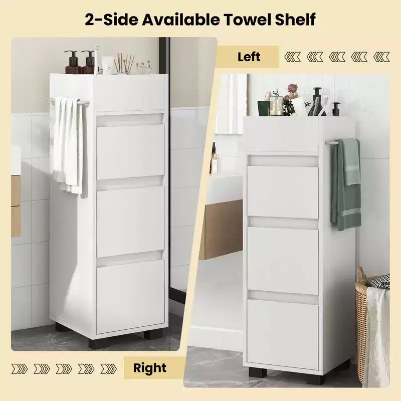Costway Bathroom Floor Cabinet with 3 Drawers 4 Compartments 2-Side Available Towel Shelf White