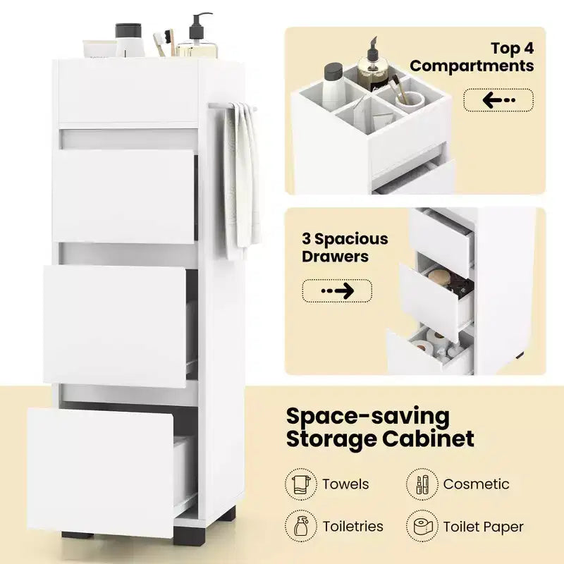 Costway Bathroom Floor Cabinet with 3 Drawers 4 Compartments 2-Side Available Towel Shelf White