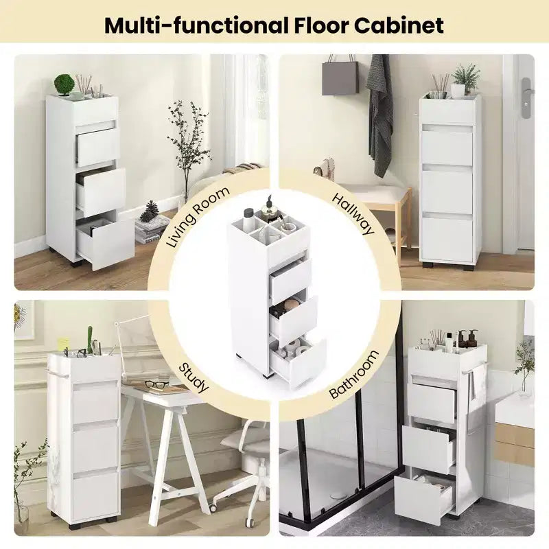 Costway Bathroom Floor Cabinet with 3 Drawers 4 Compartments 2-Side Available Towel Shelf White