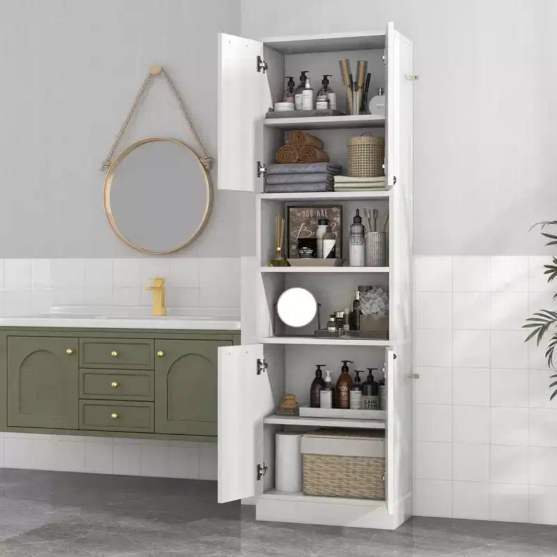 Costway Armoire de Rangement Haute pour Salle de Bain 75" avec 4 Portes et 2 Compartiments Ouverts Autonome Noir/Blanc