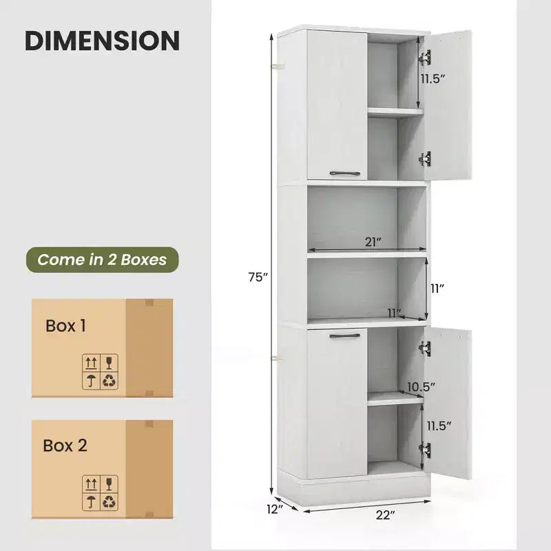 Costway Armoire de Rangement Haute pour Salle de Bain 75" avec 4 Portes et 2 Compartiments Ouverts Autonome Noir/Blanc