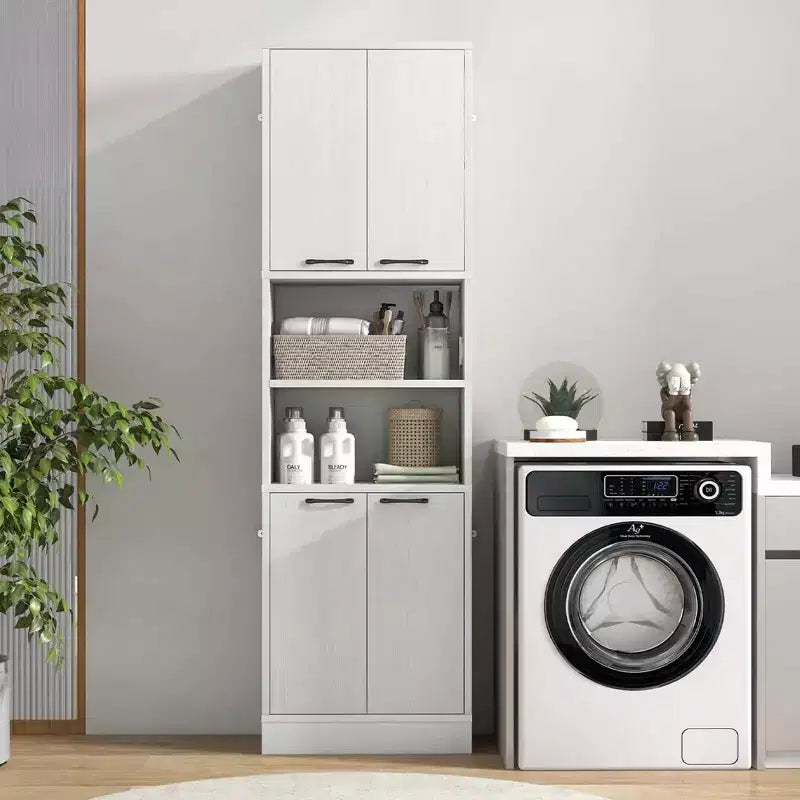 Costway Armoire de Rangement Haute pour Salle de Bain 75" avec 4 Portes et 2 Compartiments Ouverts Autonome Noir/Blanc