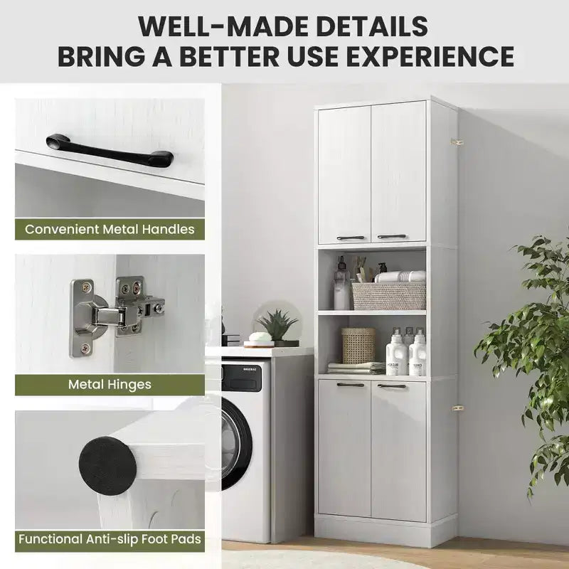 Costway Armoire de Rangement Haute pour Salle de Bain 75" avec 4 Portes et 2 Compartiments Ouverts Autonome Noir/Blanc