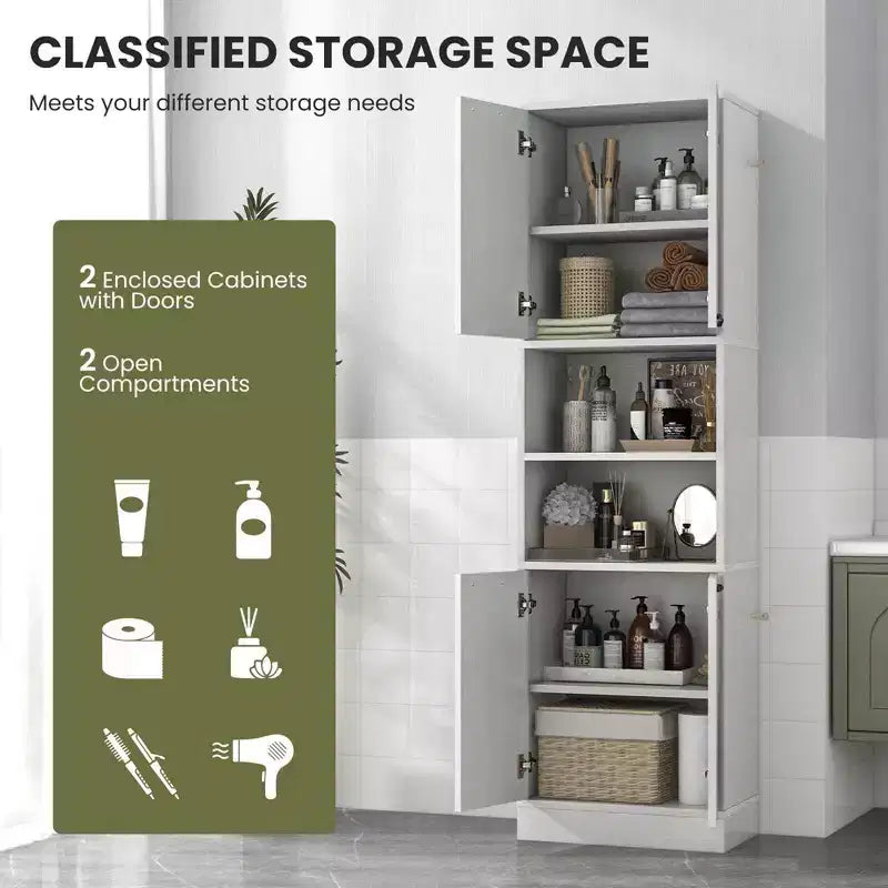 Costway Armoire de Rangement Haute pour Salle de Bain 75" avec 4 Portes et 2 Compartiments Ouverts Autonome Noir/Blanc