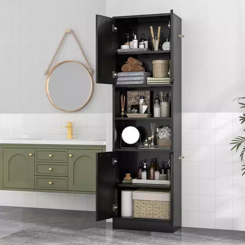 Costway Armoire de Rangement Haute pour Salle de Bain 75" avec 4 Portes et 2 Compartiments Ouverts Autonome Noir/Blanc