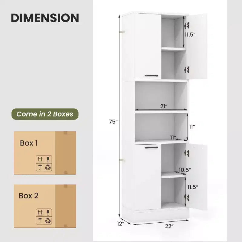 Costway Armoire de Rangement Haute pour Salle de Bain 75" avec 4 Portes et 2 Compartiments Ouverts Autonome Noir/Blanc
