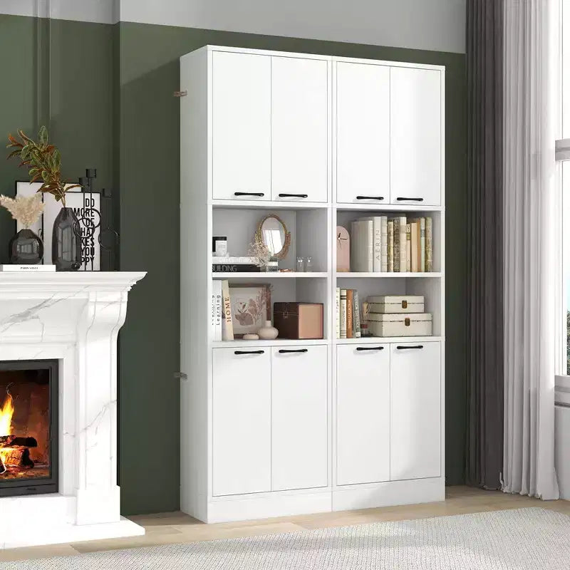 Costway Armoire de Rangement Haute pour Salle de Bain 75" avec 4 Portes et 2 Compartiments Ouverts Autonome Noir/Blanc